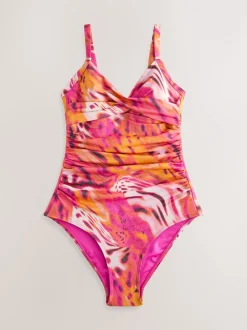 Rose métallisé imprimé animal - Maillot de bain moulant avec contrôle du ventre