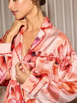 Rose orange à fleurs - Ensemble pyjama Lipsy décontracté en satin imprimé à manches longues