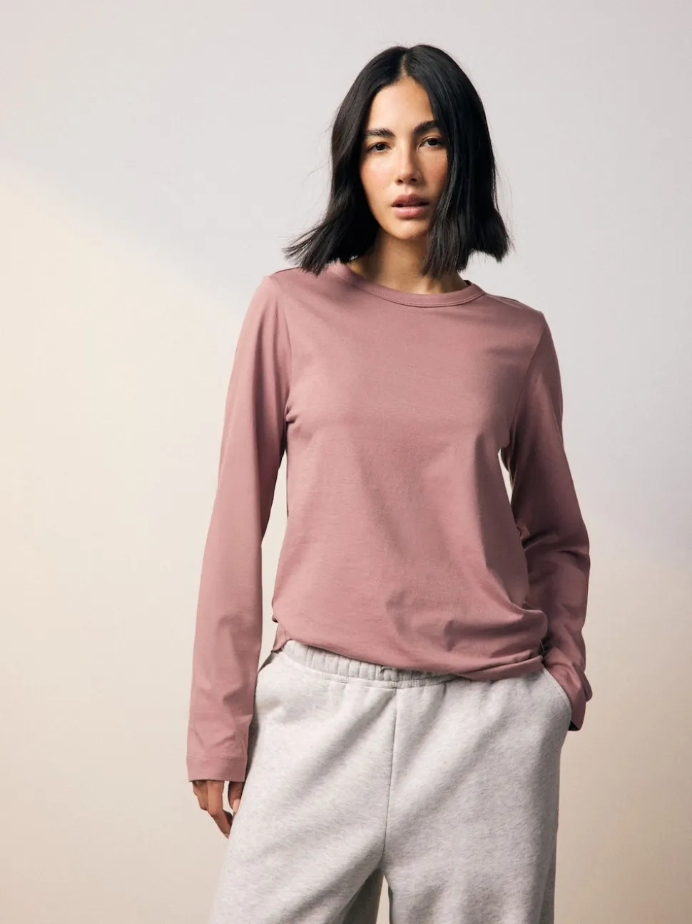 Rose pastel - T-shirt à manches longues de cou d'équipage