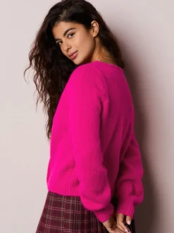 Rose vif - Cardigan boutonné cœur en laine