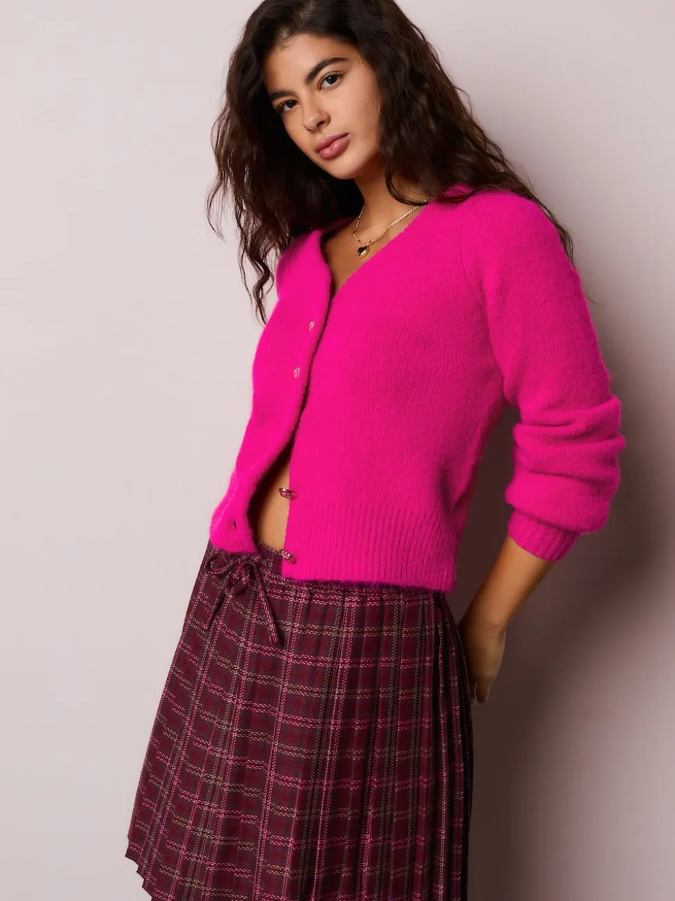 Rose vif - Cardigan boutonné cœur en laine