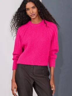 Rose vif - Pull côtelé épais Blend à col rond