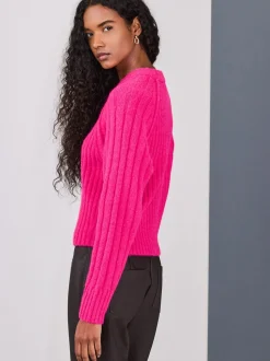Rose vif - Pull côtelé épais Blend à col rond