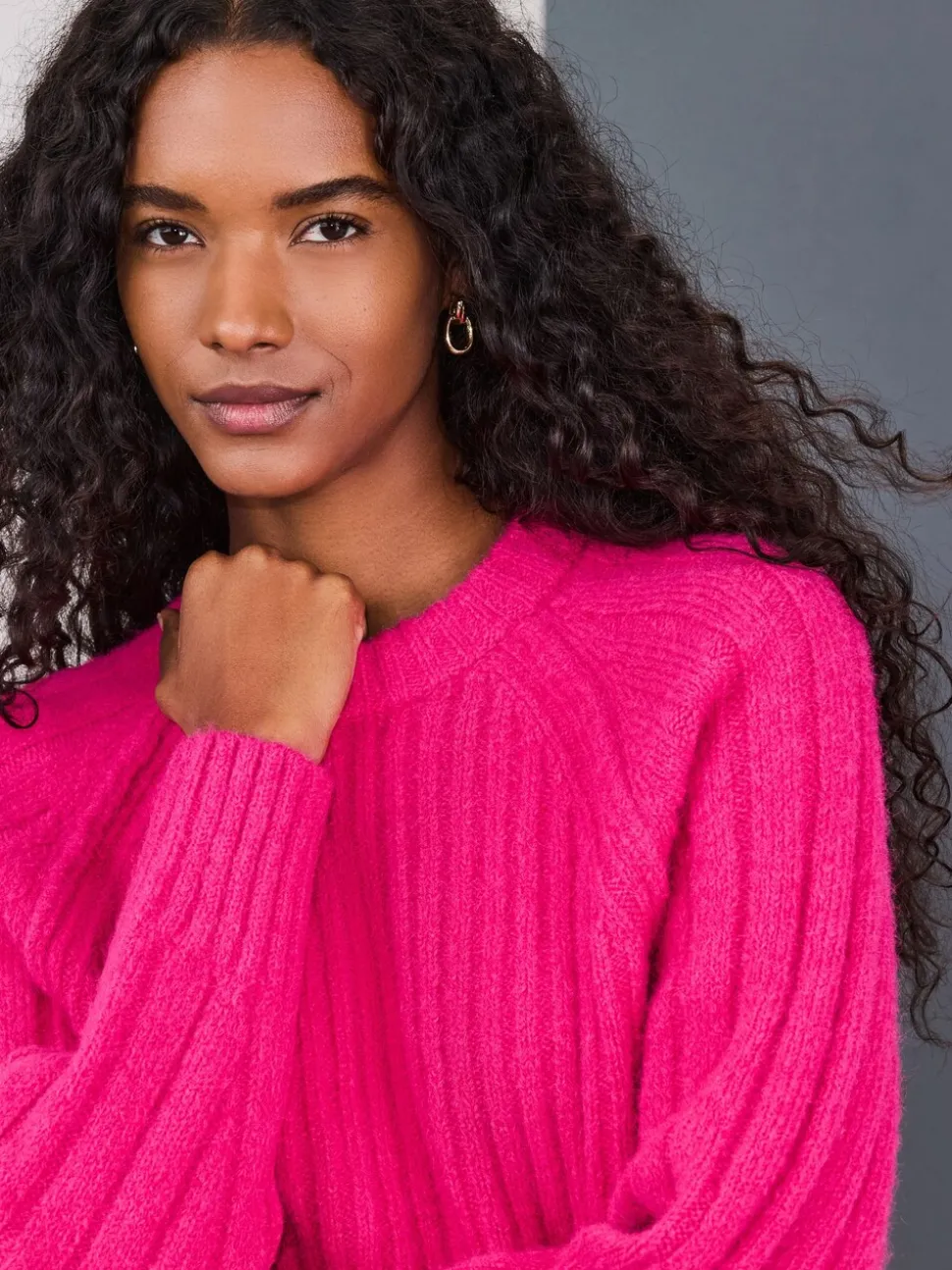 Rose vif - Pull côtelé épais Blend à col rond