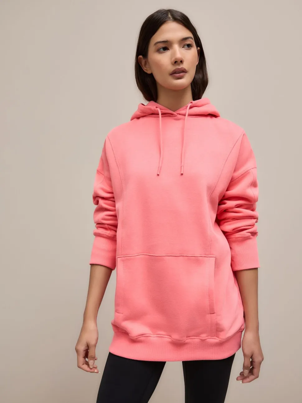 Rose vif - Sweat-shirt à capuche long actif à coutures apparentes ultra-doux avec poches