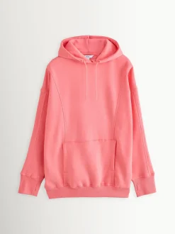 Rose vif - Sweat-shirt à capuche long actif à coutures apparentes ultra-doux avec poches