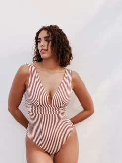 Rose/blanc rayé - Maillot de bain plongeant et galbant avec contrôle du ventre