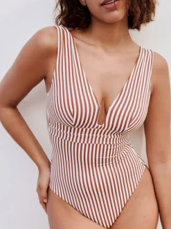 Rose/blanc rayé - Maillot de bain plongeant et galbant avec contrôle du ventre