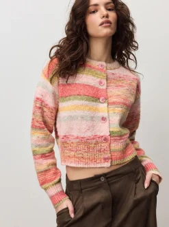 Rose/Orange corail - Cardigan à col ras du cou en maille teint par espacement