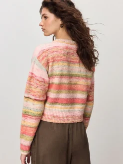 Rose/Orange corail - Cardigan à col ras du cou en maille teint par espacement