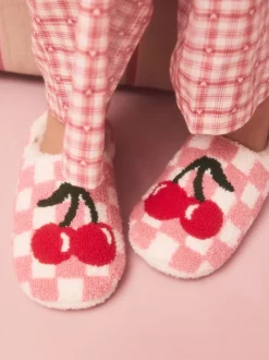 Rose/rouge - Chaussons mules à carreaux cerise