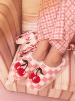 Rose/rouge - Chaussons mules à carreaux cerise