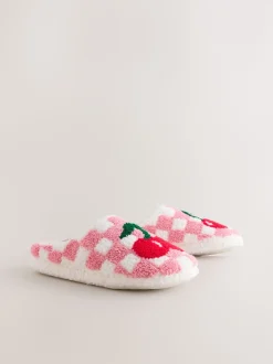 Rose/rouge - Chaussons mules à carreaux cerise