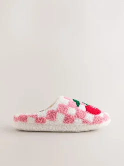 Rose/rouge - Chaussons mules à carreaux cerise
