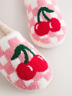 Rose/rouge - Chaussons mules à carreaux cerise