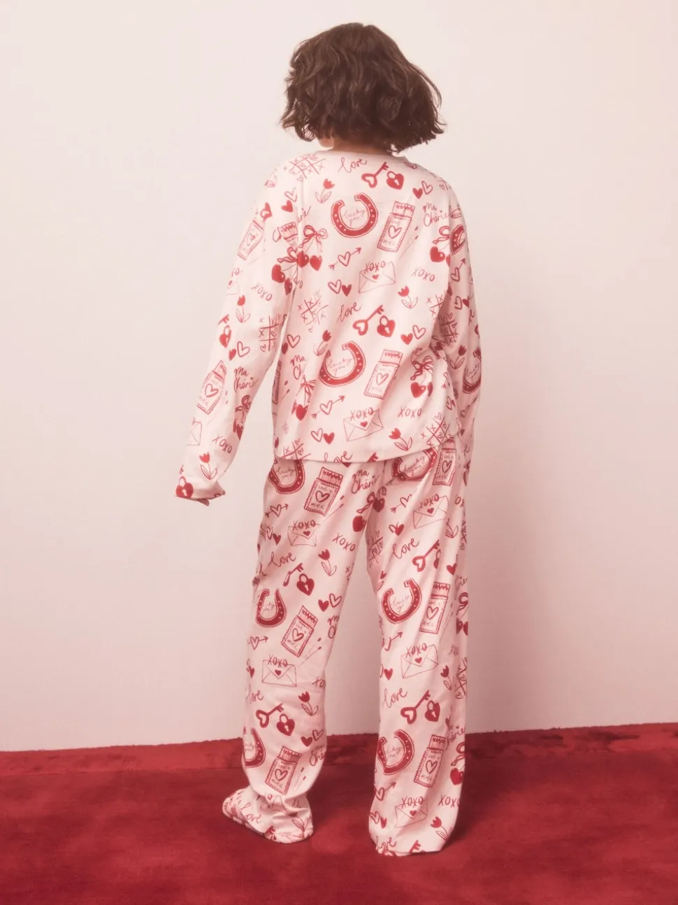 Rose/rouge motif cœurs - Pyjamas Manche longue côtelé
