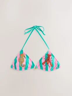 Rose/vert rayé - Haut de bikini triangle avec ornements