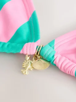 Rose/vert rayé - Haut de bikini triangle avec ornements