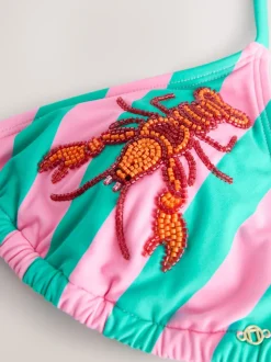 Rose/vert rayé - Haut de bikini triangle avec ornements