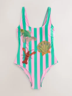 Rose/vert rayé - Maillot de bain à encolure dégagée gainant avec ornements perlés
