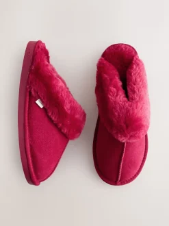 Rouge - Chaussons mules en daim doublés de fausse fourrure