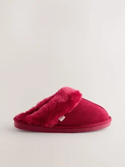 Rouge - Chaussons mules en daim doublés de fausse fourrure