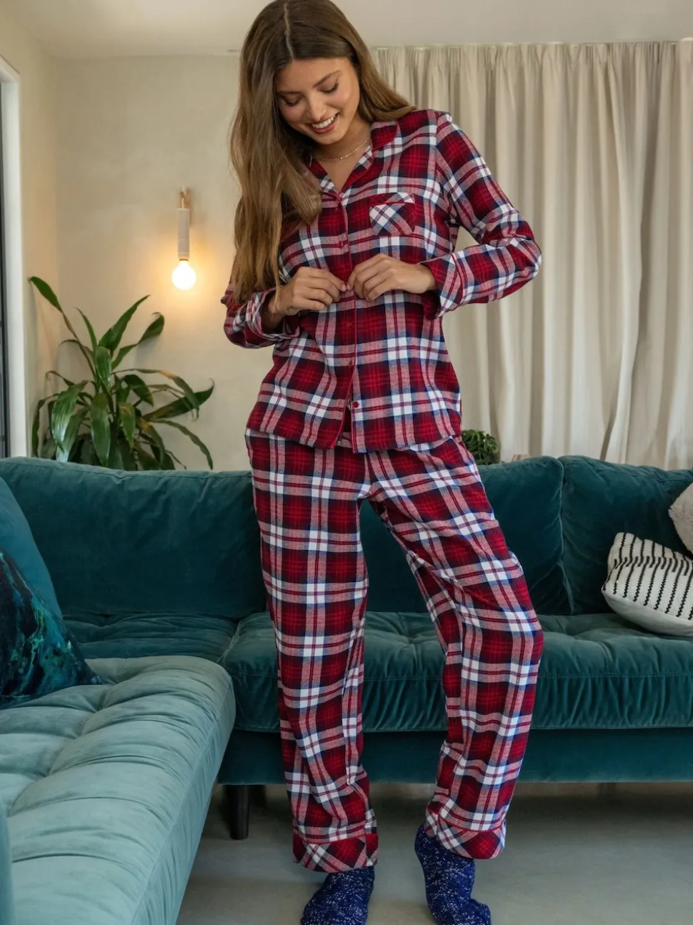 Rouge - Coffret cadeau Pour Moi pyjama en coton brossé à carreaux confortables