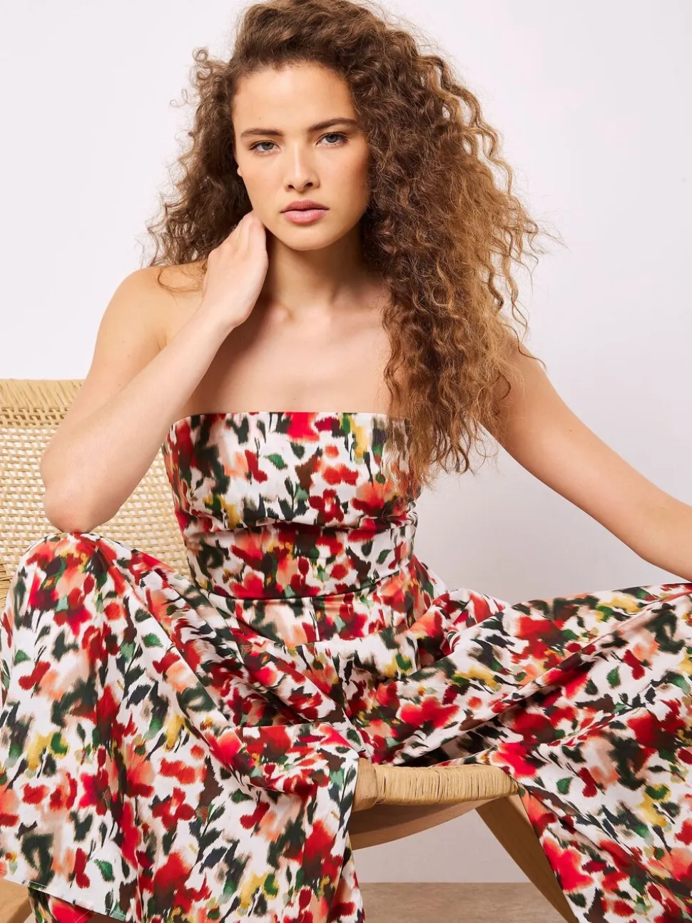 Rouge - Combinaison Apricot Ikat Floral Imprimé Bardot 100% coton
