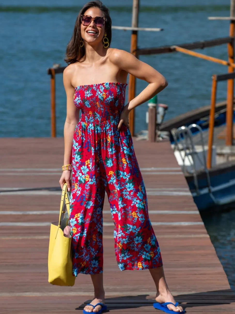 Rouge - Combinaison de plage Pour Moi bustier à corsage froncé