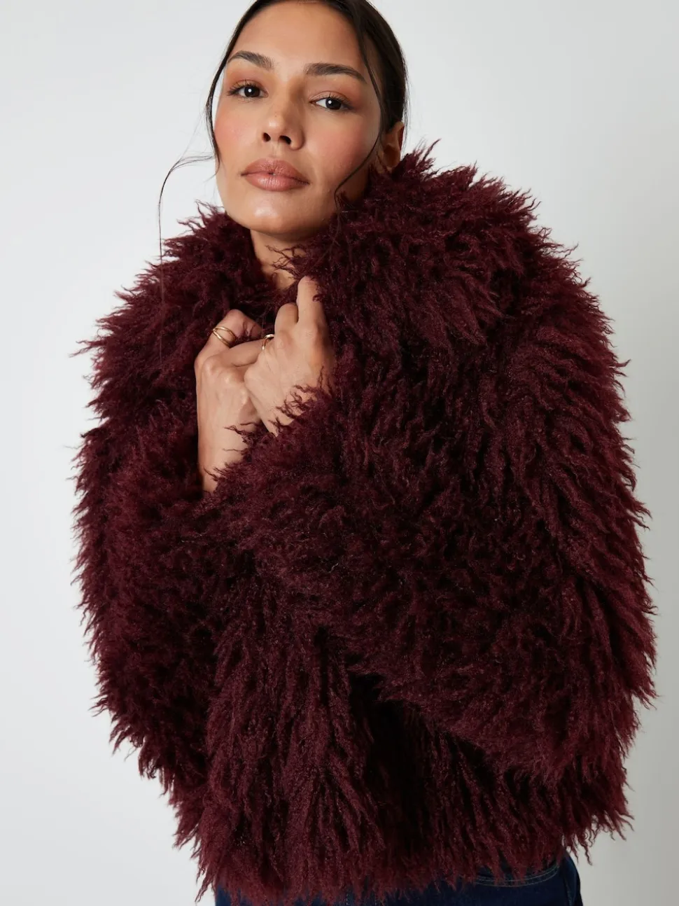 Rouge - Manteau Threadbare col en fausse fourrure