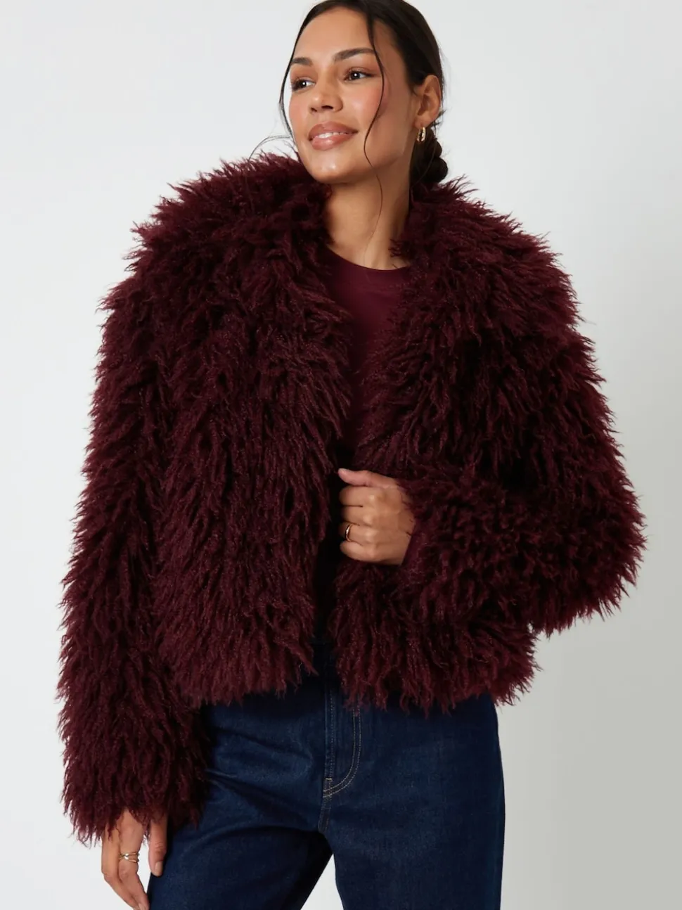 Rouge - Manteau Threadbare col en fausse fourrure