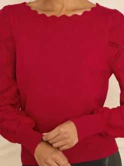 Rouge - Pull Love & Roses Bobble Stitch en maille festonnée