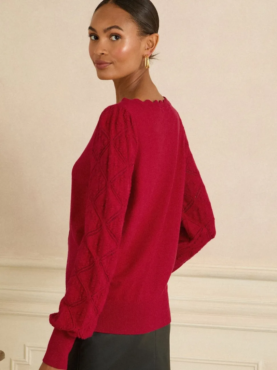Rouge - Pull Love & Roses Bobble Stitch en maille festonnée