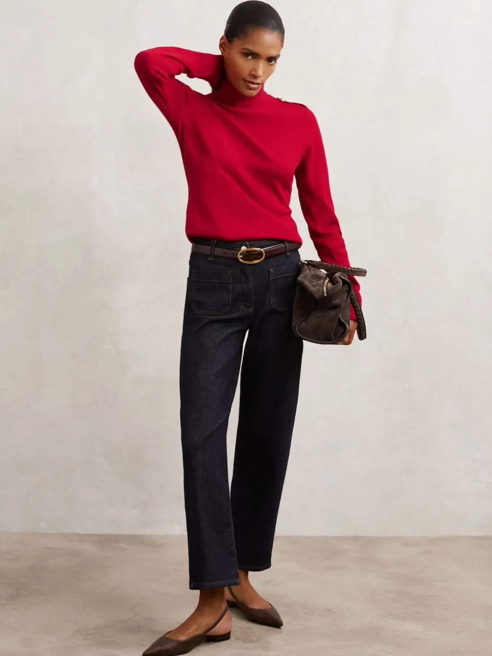 Rouge - Pull Reiss Corrine à col roulé et épaulette en laine