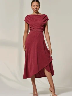 Rouge - Robe Jolie Moi mi-longue drapée asymétrique