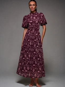 Rouge - Robe longue Jolie Moi en maille imprimée à manches bouffantes