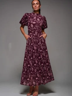 Rouge - Robe longue Jolie Moi en maille imprimée à manches bouffantes