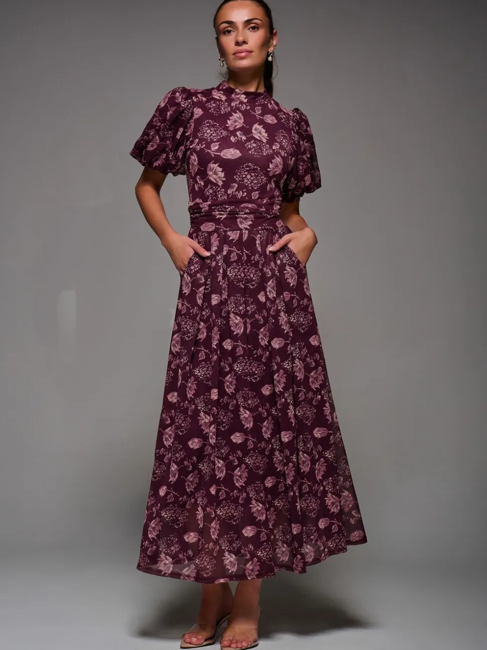 Rouge - Robe longue Jolie Moi en maille imprimée à manches bouffantes