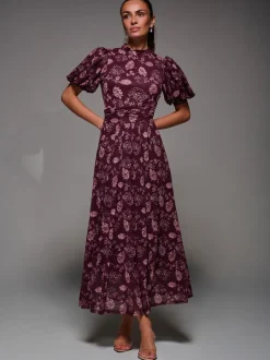 Rouge - Robe longue Jolie Moi en maille imprimée à manches bouffantes