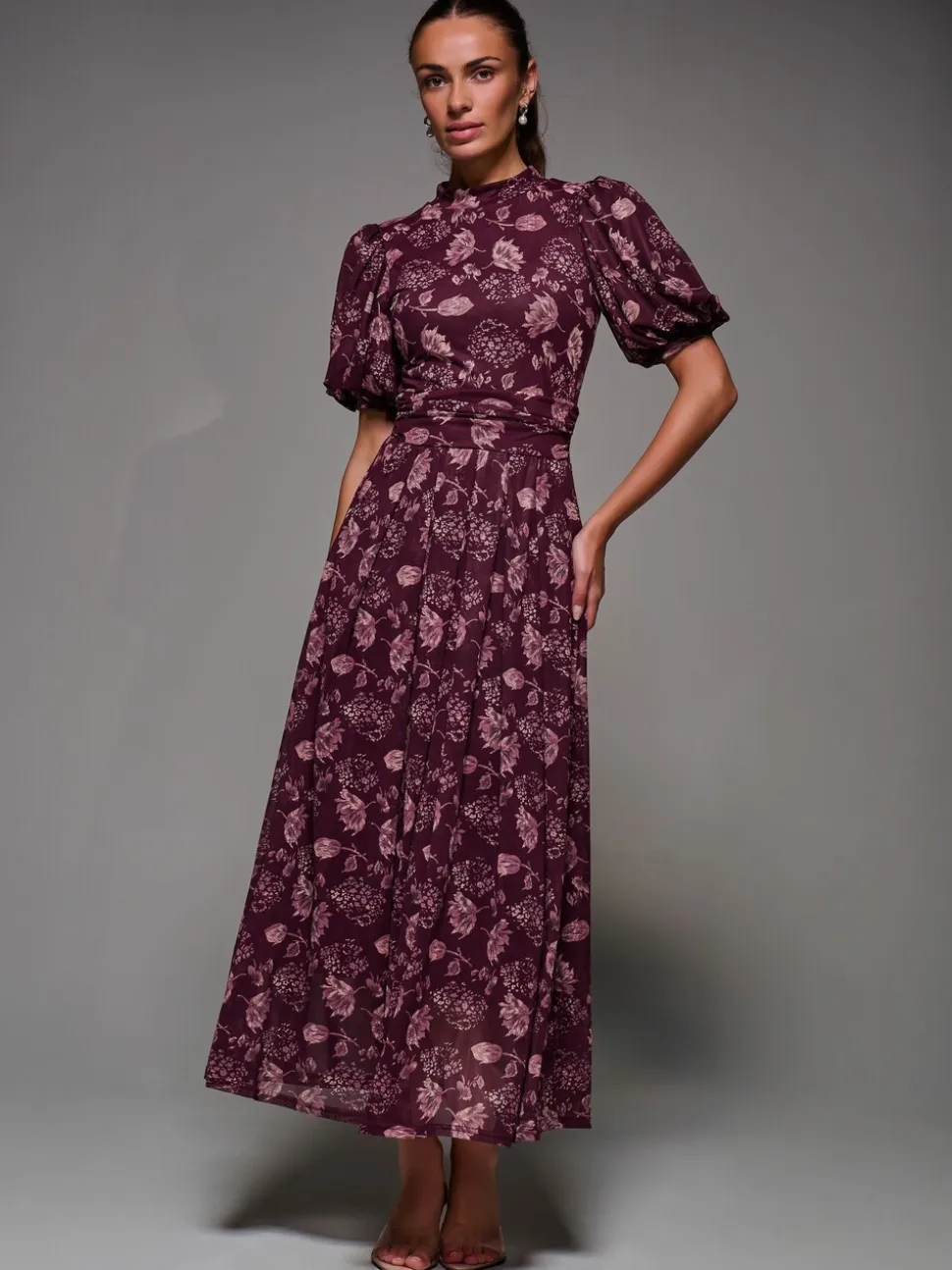 Rouge - Robe longue Jolie Moi en maille imprimée à manches bouffantes