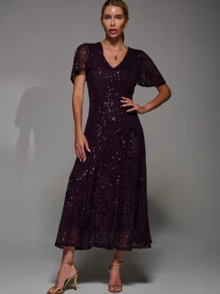 Rouge - Robe Midaxi Jolie Moi à manches ange à Sequins