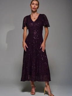 Rouge - Robe Midaxi Jolie Moi à manches ange à Sequins