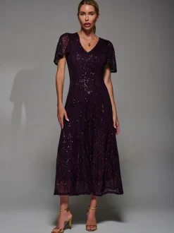 Rouge - Robe Midaxi Jolie Moi à manches ange à Sequins