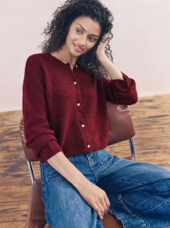 Rouge baie - Cardigan doux en maille à Col rond en laine