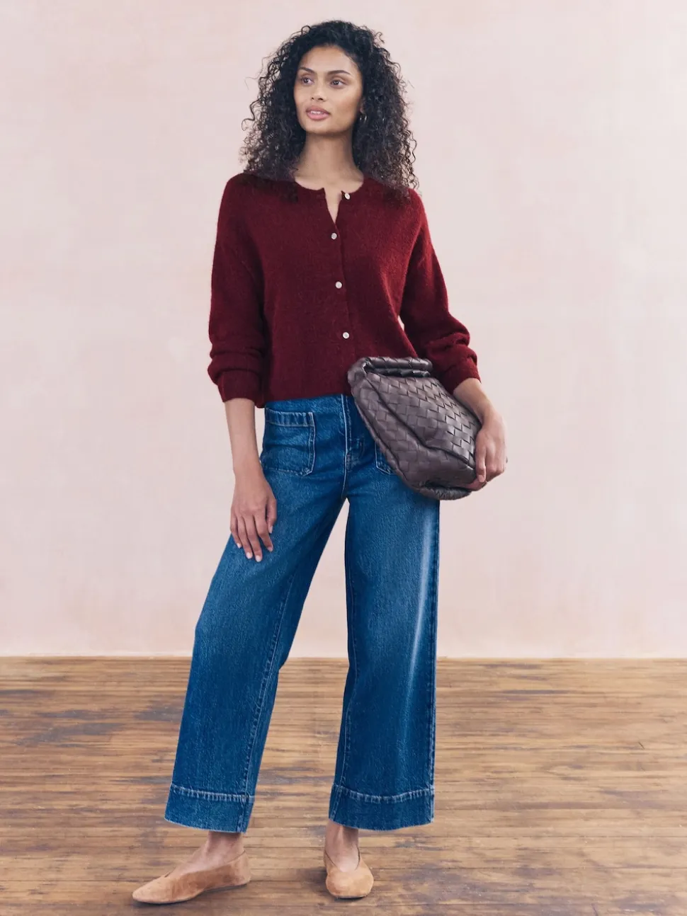 Rouge baie - Cardigan doux en maille à Col rond en laine