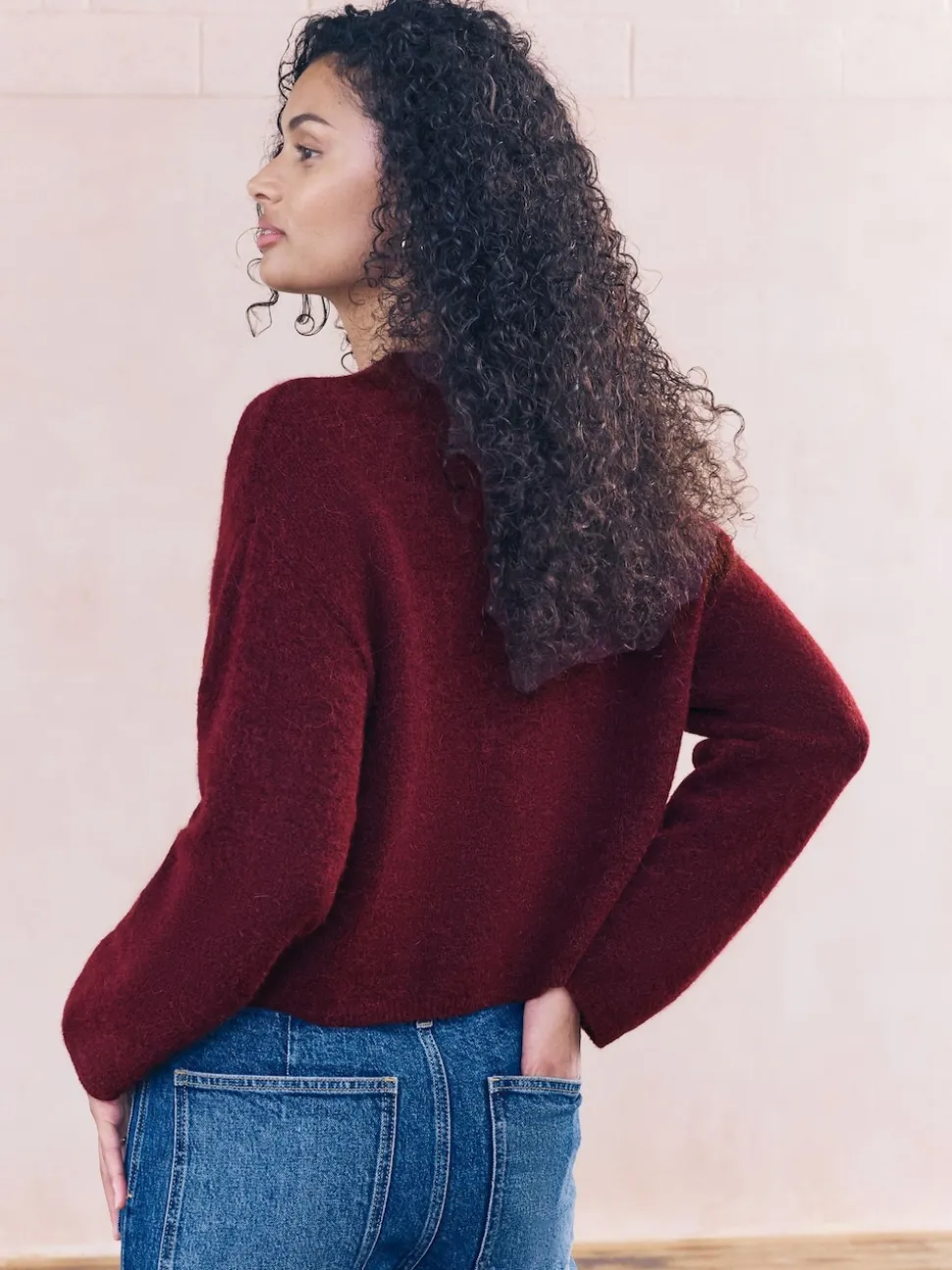 Rouge baie - Cardigan doux en maille à Col rond en laine