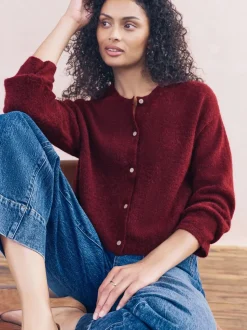 Rouge baie - Cardigan doux en maille à Col rond en laine