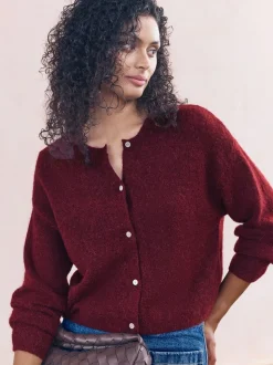 Rouge baie - Cardigan doux en maille à Col rond en laine
