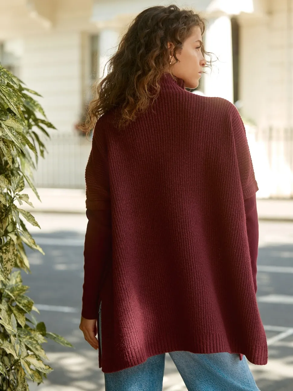 Rouge baie - Poncho côtelé à couche fantaisie