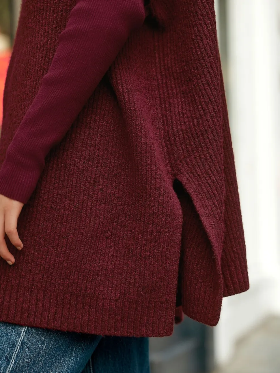 Rouge baie - Poncho côtelé à couche fantaisie